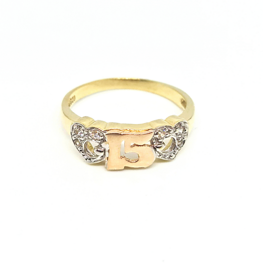 Anillo XV Años Oro Florentino 2 Corazones 14k