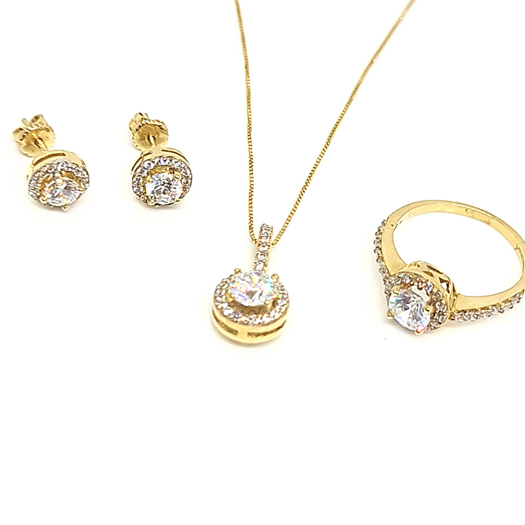 Coordinado de Gargantilla, Dije, Aretes y Anillo con Zirconias 14k