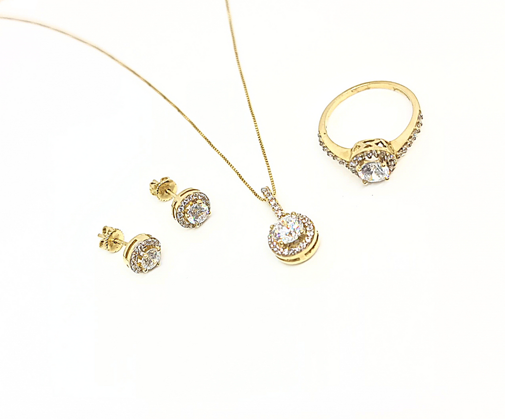 Coordinado de Gargantilla, Dije, Aretes y Anillo con Zirconias 14k