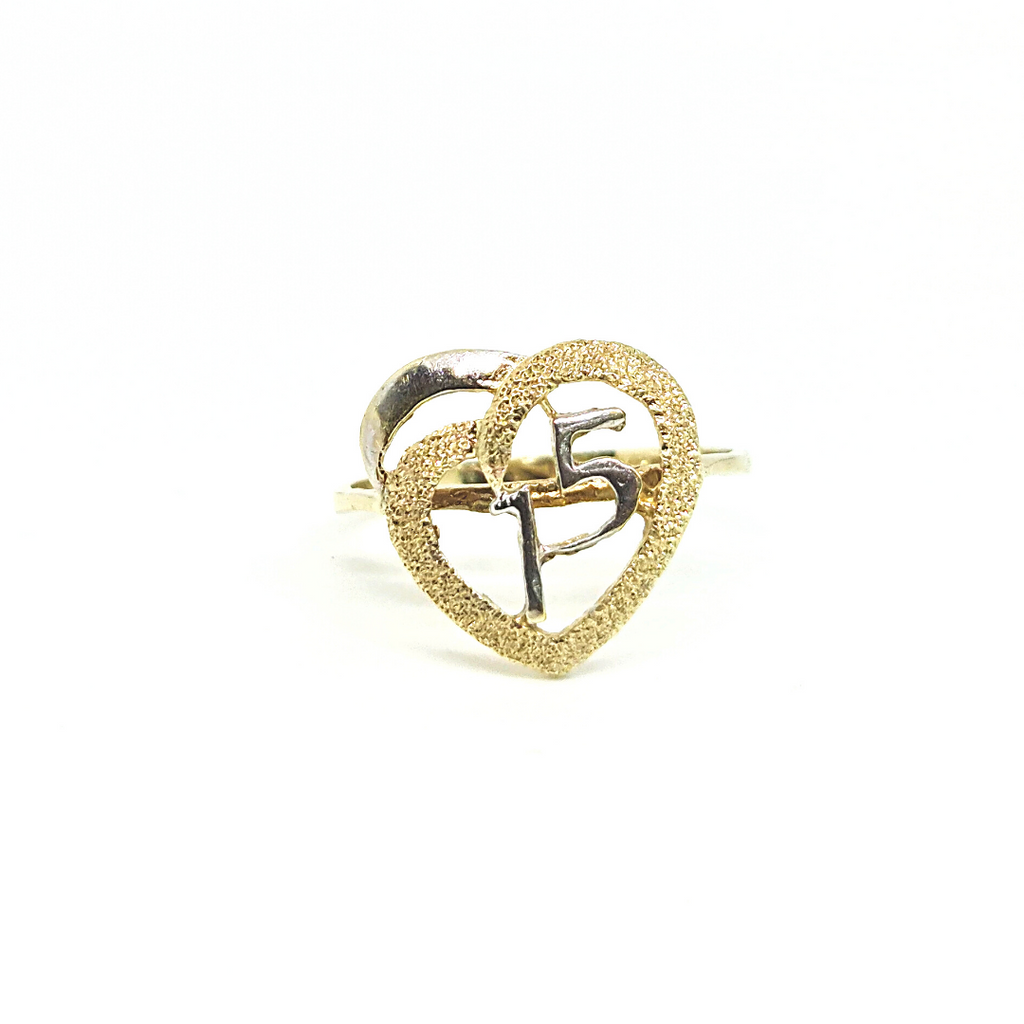 Anillo XV Años Oro Combinado Corazón Satinado 14k