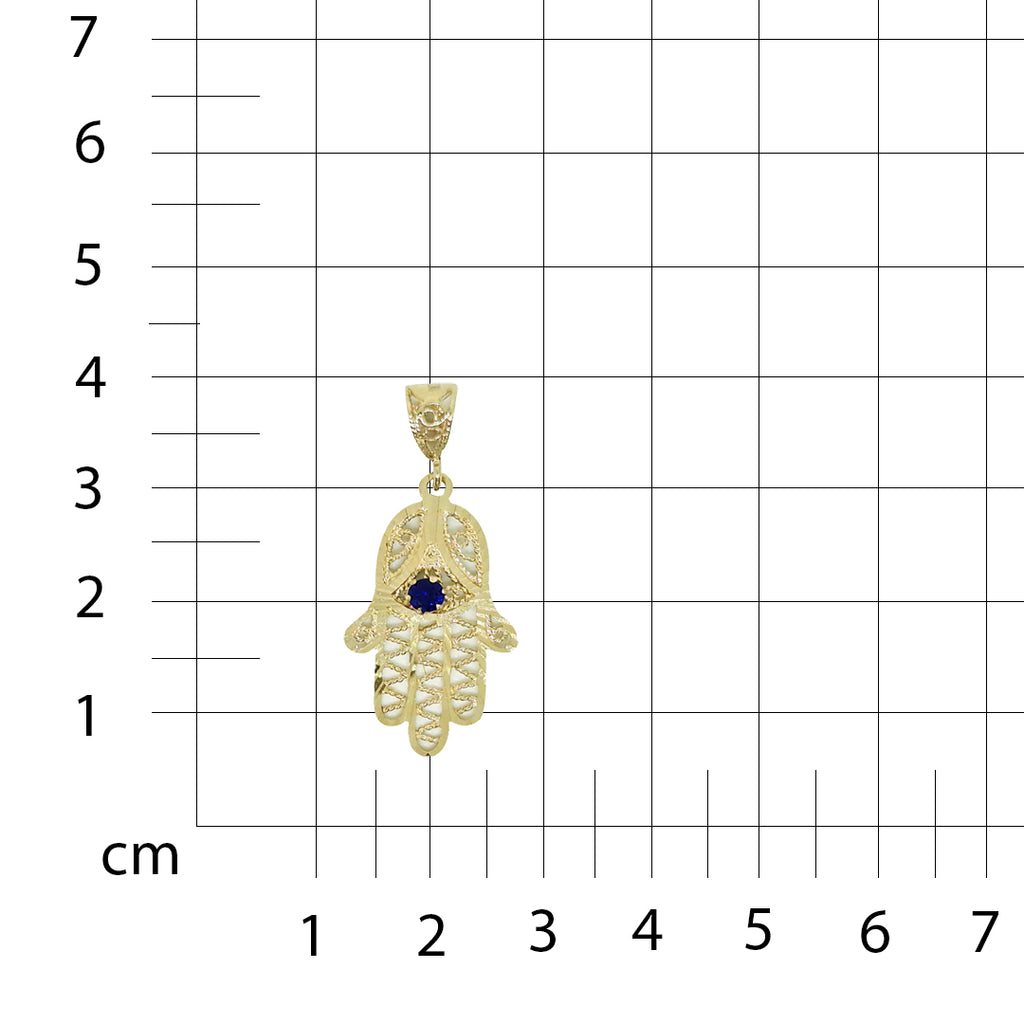 Dije Dama Oro Amarillo Mano de Fátima con Zirconia Azul 10k